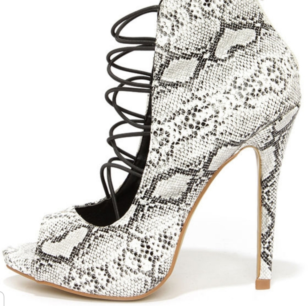 Shoe Republic LA Pacino White Snake Caged Peep Toe